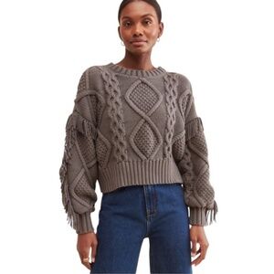 Line And Dot Sweater Women Small Gray Cable Knit Jasper Fringe